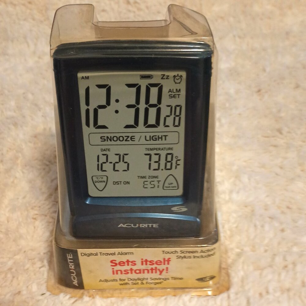 NWT ~ ACURITE Set and Forget Touch-Screen LCD Digital Travel Alarm Clock